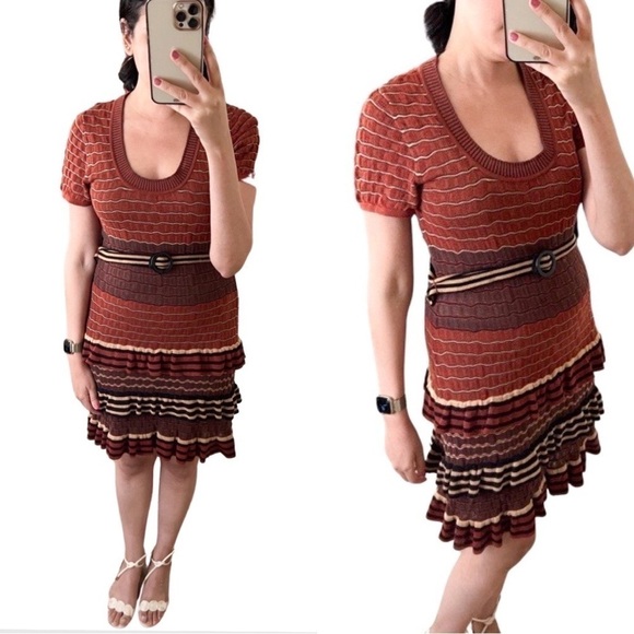 NANETTE LEPORE Striped 100% Cotton Knit Ruffled Belted Mini Dress Size M - Picture 1 of 6